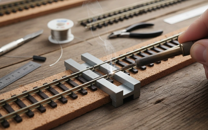 Close-up of proper track laying showing alignment gauge and soldering tools