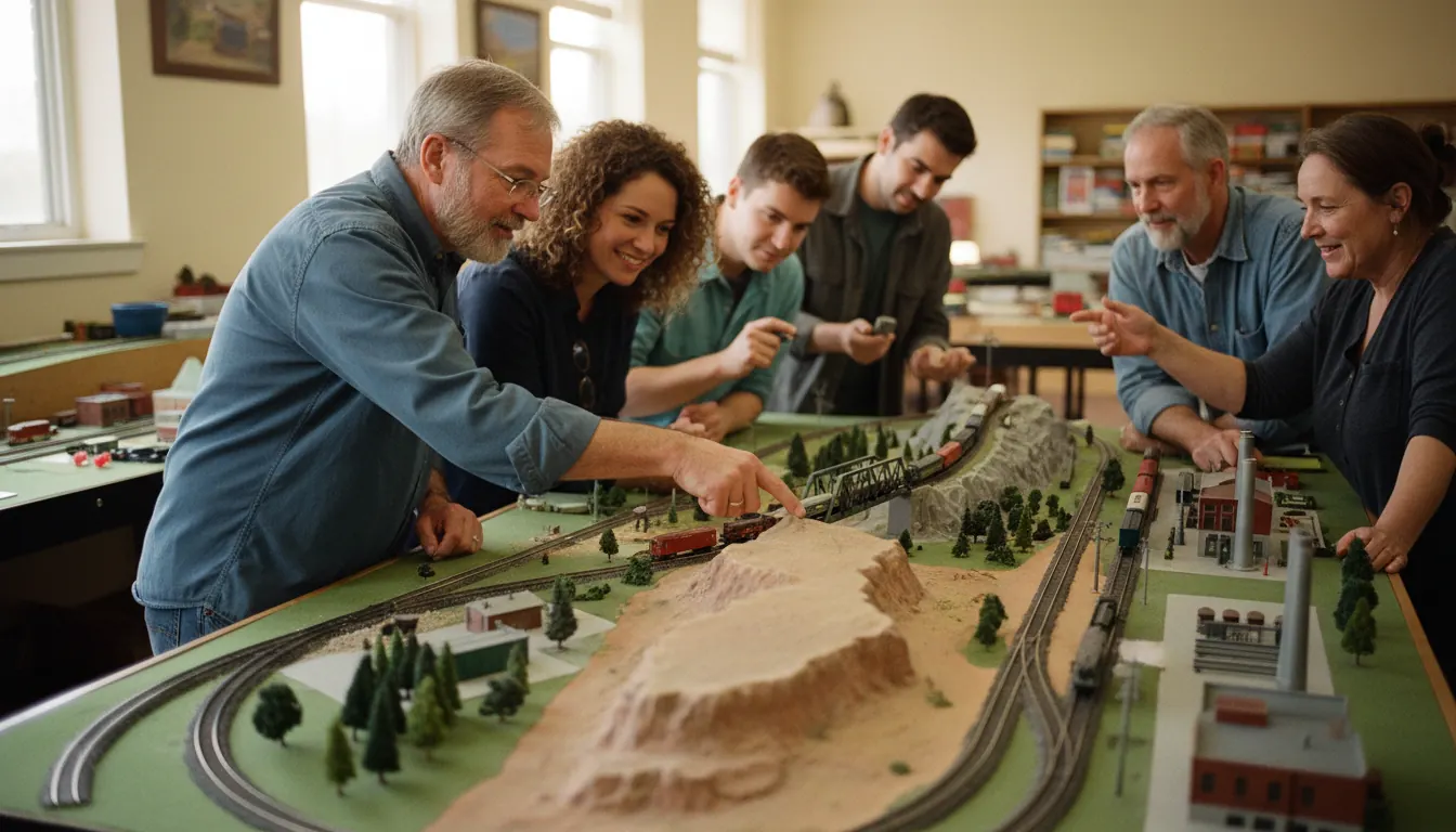 A group of model railroad enthusiasts gathered around a large N scale layout at a hobby club meeting, examining the track and scenery