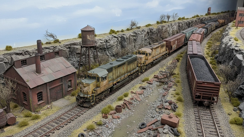 Detailed model railroad scenery showing professional weathering techniques on trains and landscape