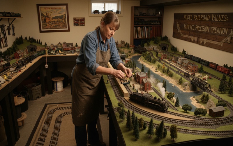 Passionate model railroader working on detailed layout