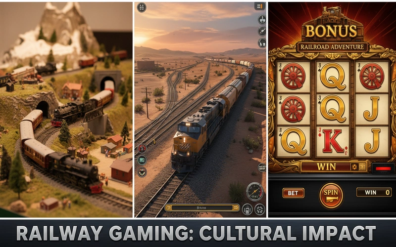 Montage showing railway themes across model trains, simulations, and casino games