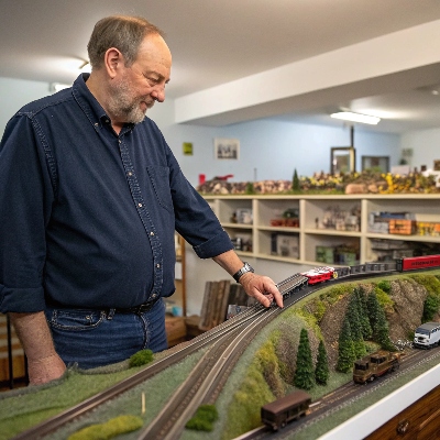 Richard Thompson with model railroad layout